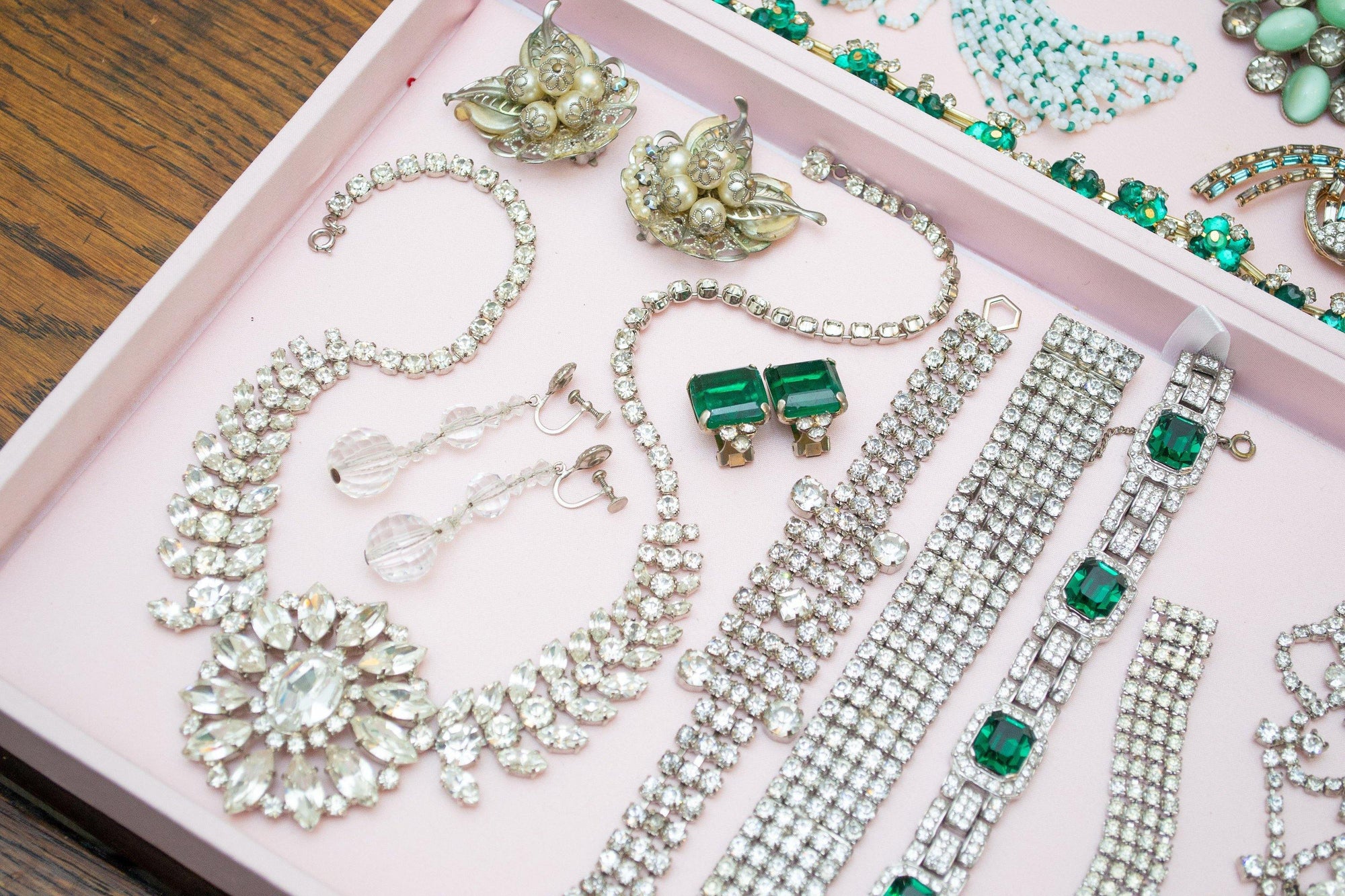 Vintage Art Deco Era Emerald Green Rhinestone Earrings, Clip-on, Clear Rhinestones by Art Deco - Vintage Meet Modern Vintage Jewelry - Chicago, Illinois - #oldhollywoodglamour #vintagemeetmodern #designervintage #jewelrybox #antiquejewelry #vintagejewelry