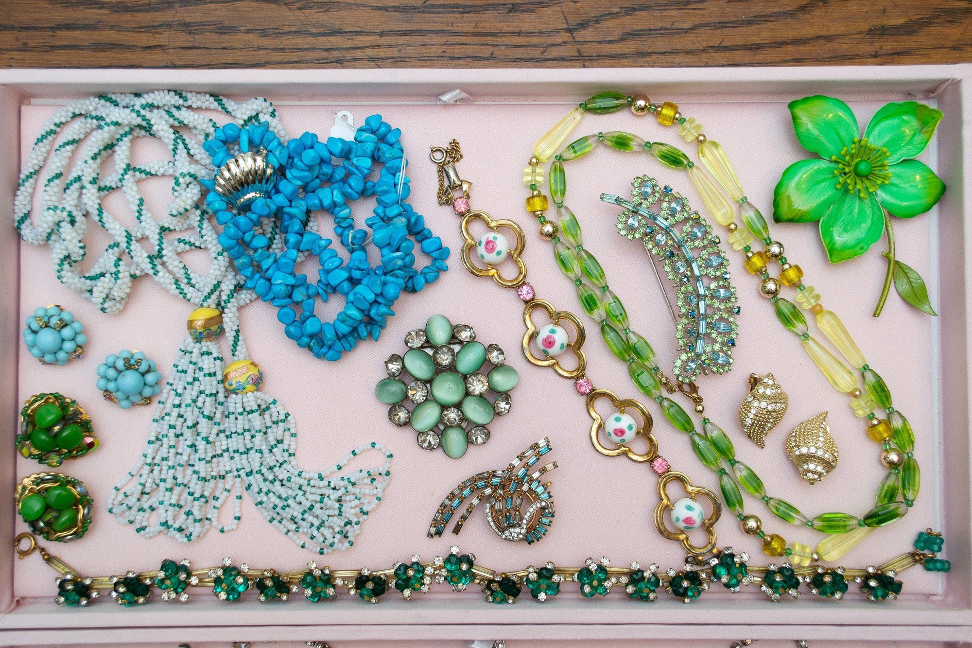 Vintage Rhinestone Brooch, Pastel Blue and Green Rhinestones, Pin by 1960s - Vintage Meet Modern Vintage Jewelry - Chicago, Illinois - #oldhollywoodglamour #vintagemeetmodern #designervintage #jewelrybox #antiquejewelry #vintagejewelry