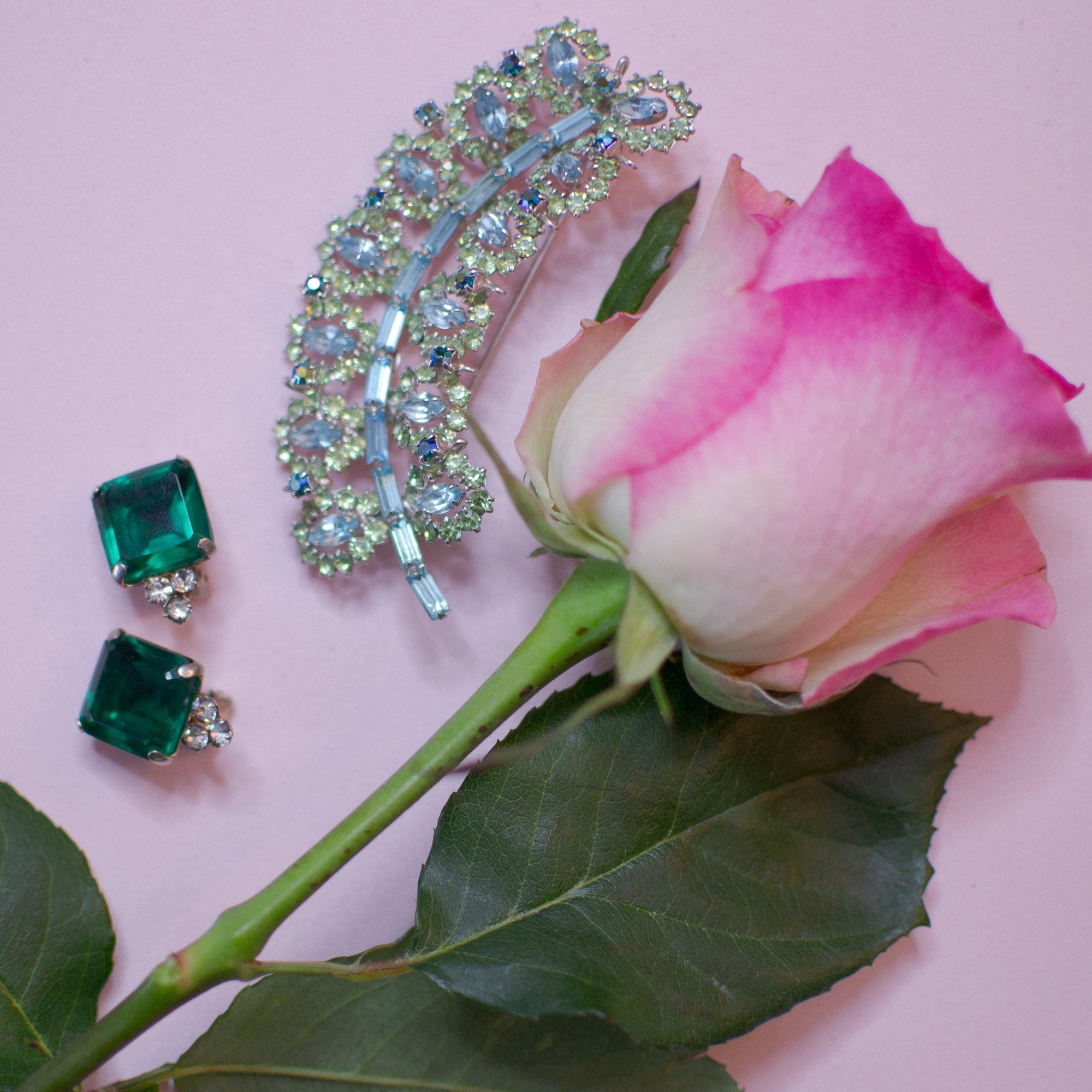 Vintage Rhinestone Brooch, Pastel Blue and Green Rhinestones, Pin by 1960s - Vintage Meet Modern Vintage Jewelry - Chicago, Illinois - #oldhollywoodglamour #vintagemeetmodern #designervintage #jewelrybox #antiquejewelry #vintagejewelry