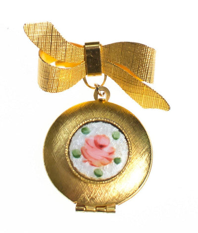 Vintage Guilloche Pink Rose Locket Brooch Pin with Gold Bow by 1960s - Vintage Meet Modern Vintage Jewelry - Chicago, Illinois - #oldhollywoodglamour #vintagemeetmodern #designervintage #jewelrybox #antiquejewelry #vintagejewelry