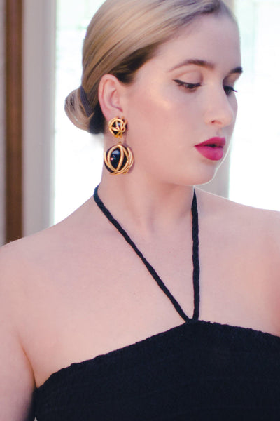 Vintage 1980s Abstract Modernist Style Brushed Gold and Black Statement Earrings, Clip On, Dangling by 1980s - Vintage Meet Modern Vintage Jewelry - Chicago, Illinois - #oldhollywoodglamour #vintagemeetmodern #designervintage #jewelrybox #antiquejewelry #vintagejewelry