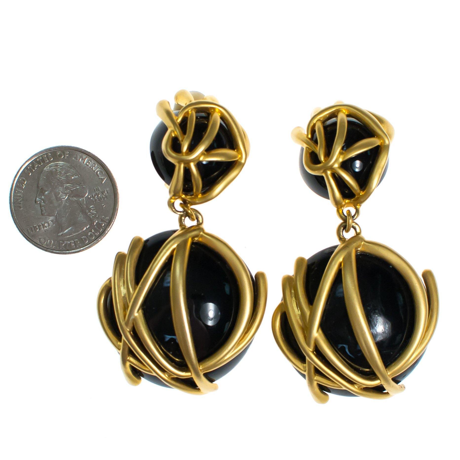 Vintage 1980s Abstract Modernist Style Brushed Gold and Black Statement Earrings, Clip On, Dangling by 1980s - Vintage Meet Modern Vintage Jewelry - Chicago, Illinois - #oldhollywoodglamour #vintagemeetmodern #designervintage #jewelrybox #antiquejewelry #vintagejewelry