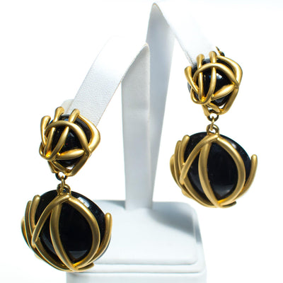 Vintage 1980s Abstract Modernist Style Brushed Gold and Black Statement Earrings, Clip On, Dangling by 1980s - Vintage Meet Modern Vintage Jewelry - Chicago, Illinois - #oldhollywoodglamour #vintagemeetmodern #designervintage #jewelrybox #antiquejewelry #vintagejewelry