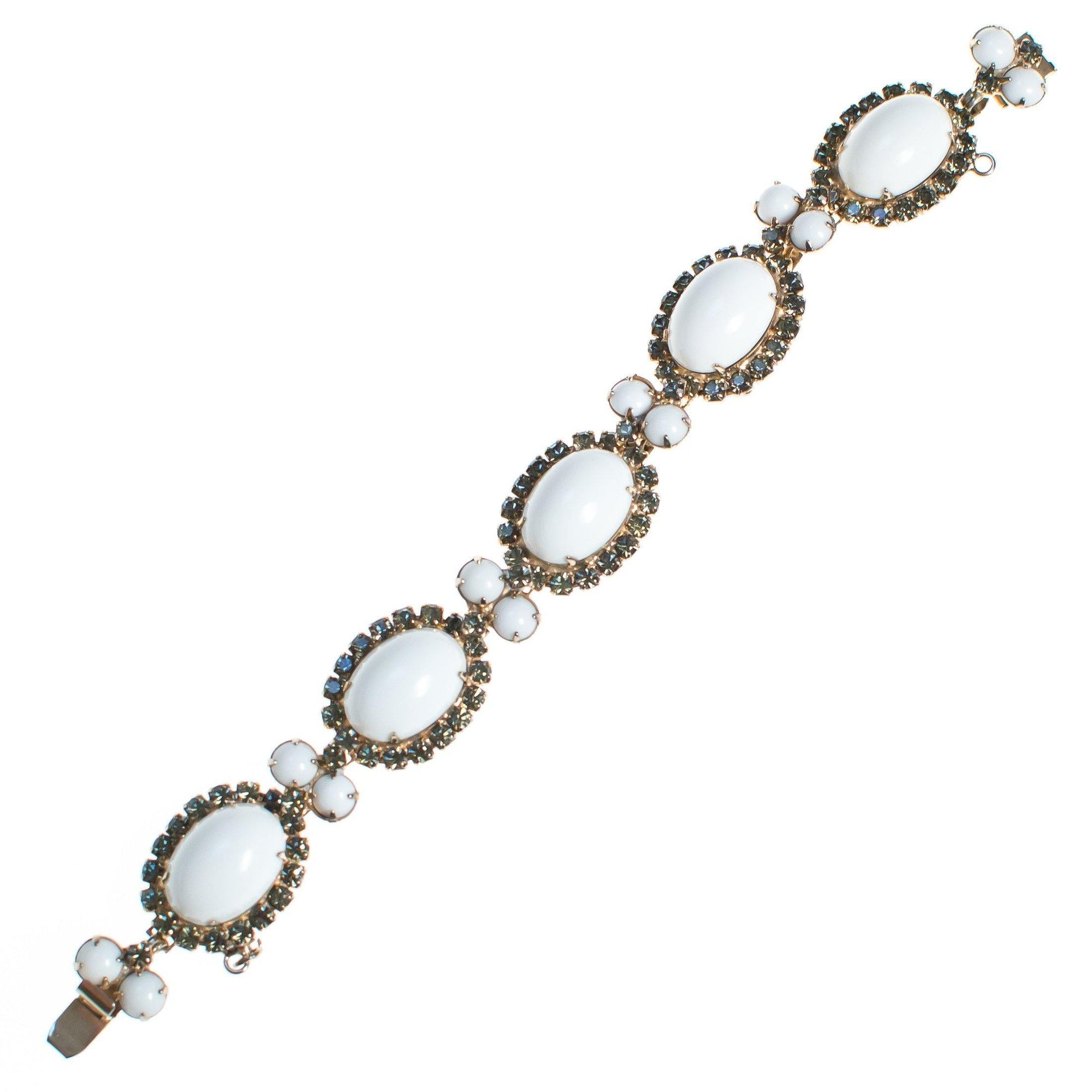 Vintage Hattie Carnegie Gold Tone Bracelet, White Gemstones, Smoke Rhinestones by Hattie Carnegie - Vintage Meet Modern Vintage Jewelry - Chicago, Illinois - #oldhollywoodglamour #vintagemeetmodern #designervintage #jewelrybox #antiquejewelry #vintagejewelry