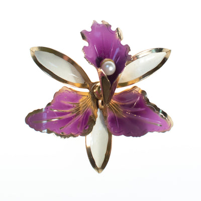 Vintage Purple and White Orchid Enamel Flower Brooch by 1960s - Vintage Meet Modern Vintage Jewelry - Chicago, Illinois - #oldhollywoodglamour #vintagemeetmodern #designervintage #jewelrybox #antiquejewelry #vintagejewelry