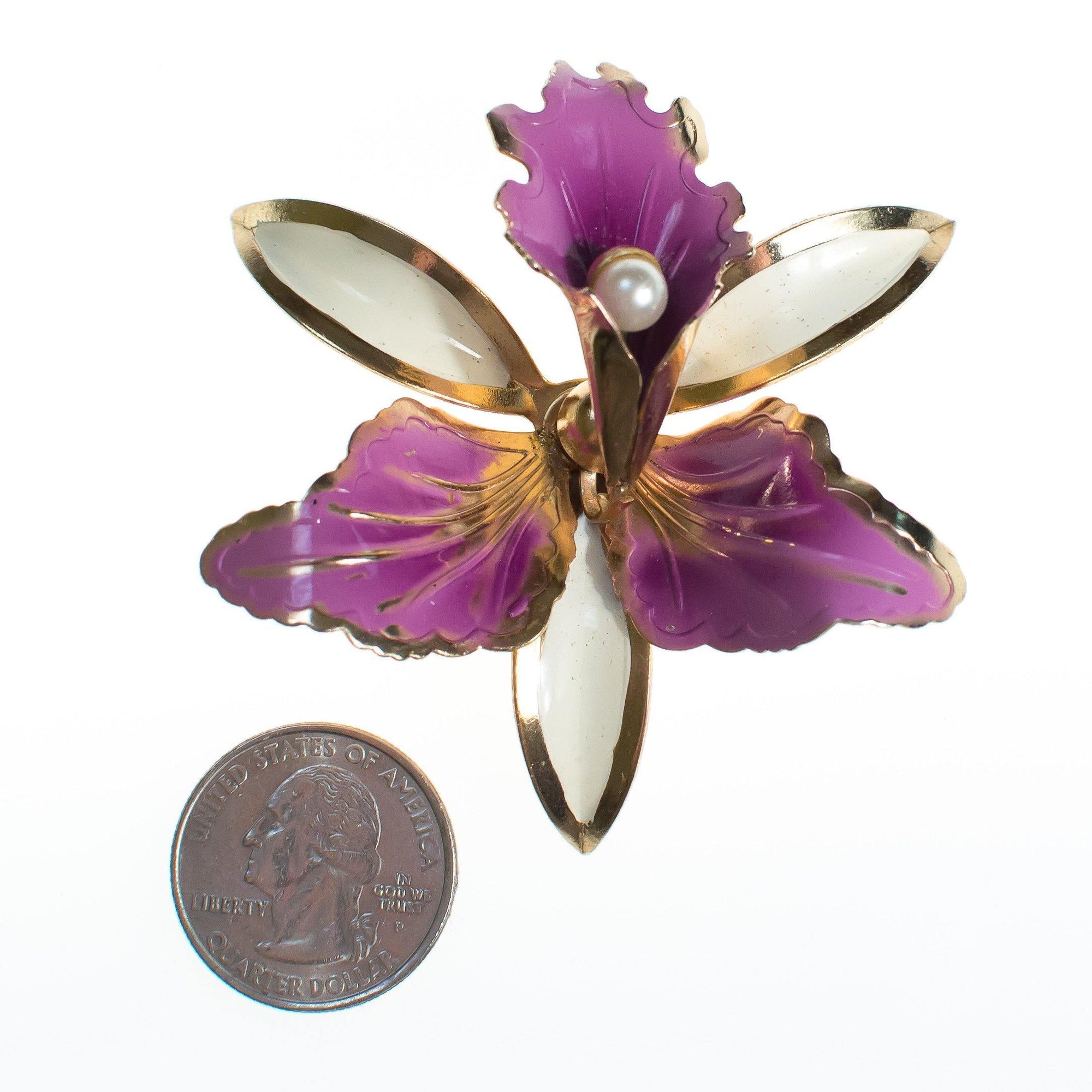 Vintage Purple and White Orchid Enamel Flower Brooch by 1960s - Vintage Meet Modern Vintage Jewelry - Chicago, Illinois - #oldhollywoodglamour #vintagemeetmodern #designervintage #jewelrybox #antiquejewelry #vintagejewelry