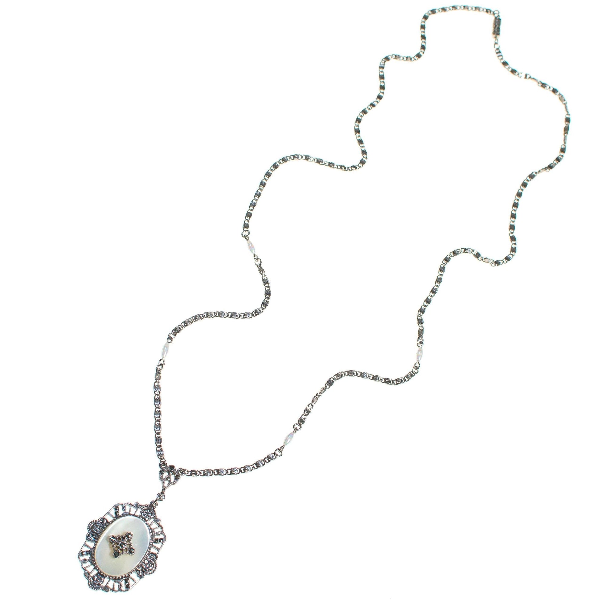 Vintage Edwardian Revival Mother of Pearl Pendant Silver Necklace, Long Pendant Necklace by 1970s - Vintage Meet Modern Vintage Jewelry - Chicago, Illinois - #oldhollywoodglamour #vintagemeetmodern #designervintage #jewelrybox #antiquejewelry #vintagejewelry