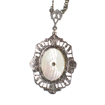 Vintage Edwardian Revival Mother of Pearl Pendant Silver Necklace, Long Pendant Necklace by 1970s - Vintage Meet Modern Vintage Jewelry - Chicago, Illinois - #oldhollywoodglamour #vintagemeetmodern #designervintage #jewelrybox #antiquejewelry #vintagejewelry