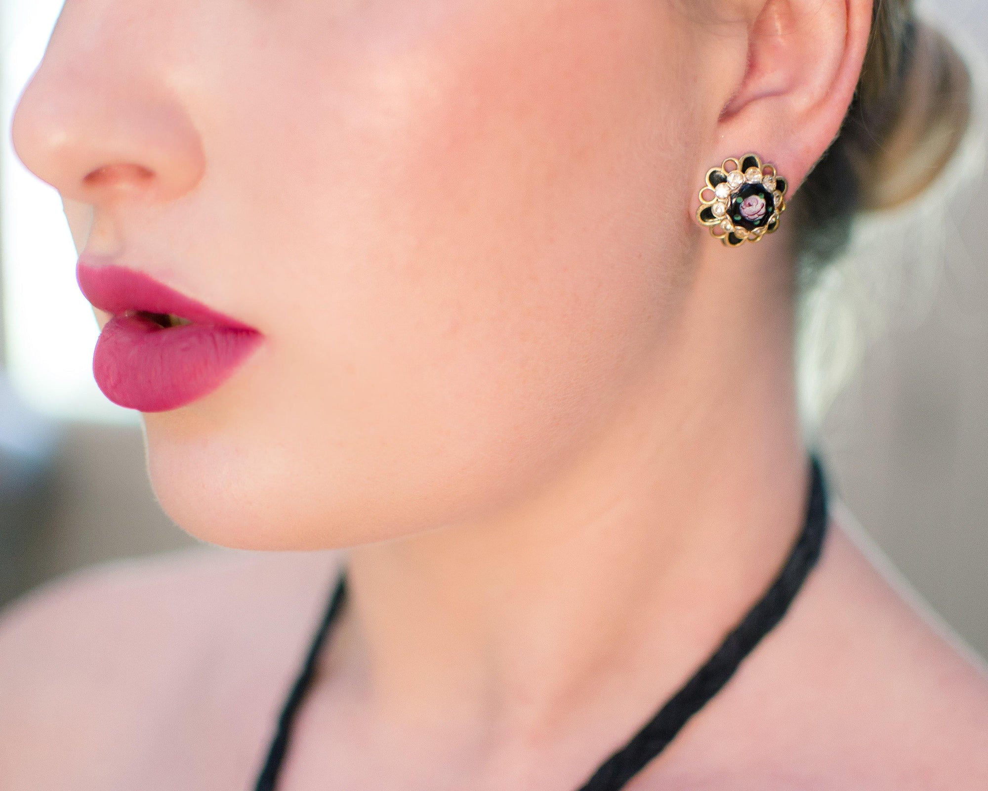 Vintage Pink Rose Guilloche Jet Black with Rhinestones Screw Back Earrings, 1940s Era by 1940s - Vintage Meet Modern Vintage Jewelry - Chicago, Illinois - #oldhollywoodglamour #vintagemeetmodern #designervintage #jewelrybox #antiquejewelry #vintagejewelry