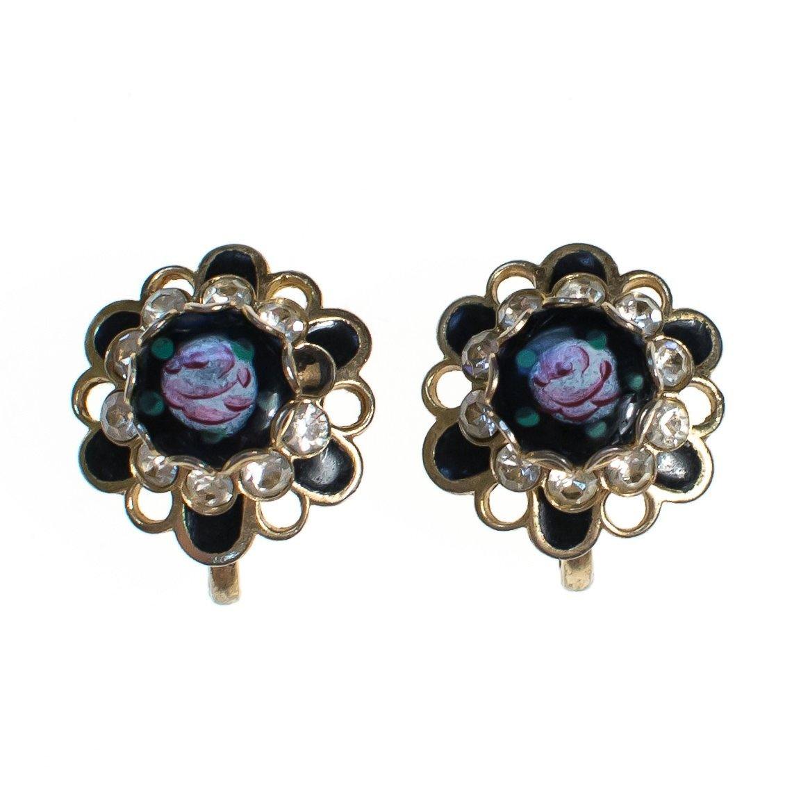 Vintage Pink Rose Guilloche Jet Black with Rhinestones Screw Back Earrings, 1940s Era