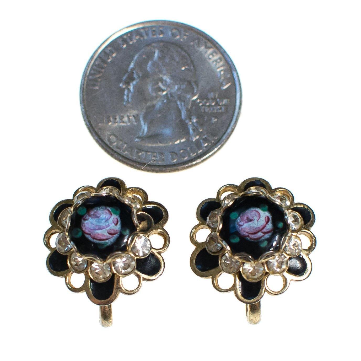 Vintage Pink Rose Guilloche Jet Black with Rhinestones Screw Back Earrings, 1940s Era by 1940s - Vintage Meet Modern Vintage Jewelry - Chicago, Illinois - #oldhollywoodglamour #vintagemeetmodern #designervintage #jewelrybox #antiquejewelry #vintagejewelry