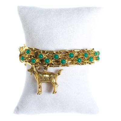 Vintage Gold Tone Chain Bracelet with Jade Green Beads with Navy Ram Charm by 1960s - Vintage Meet Modern Vintage Jewelry - Chicago, Illinois - #oldhollywoodglamour #vintagemeetmodern #designervintage #jewelrybox #antiquejewelry #vintagejewelry