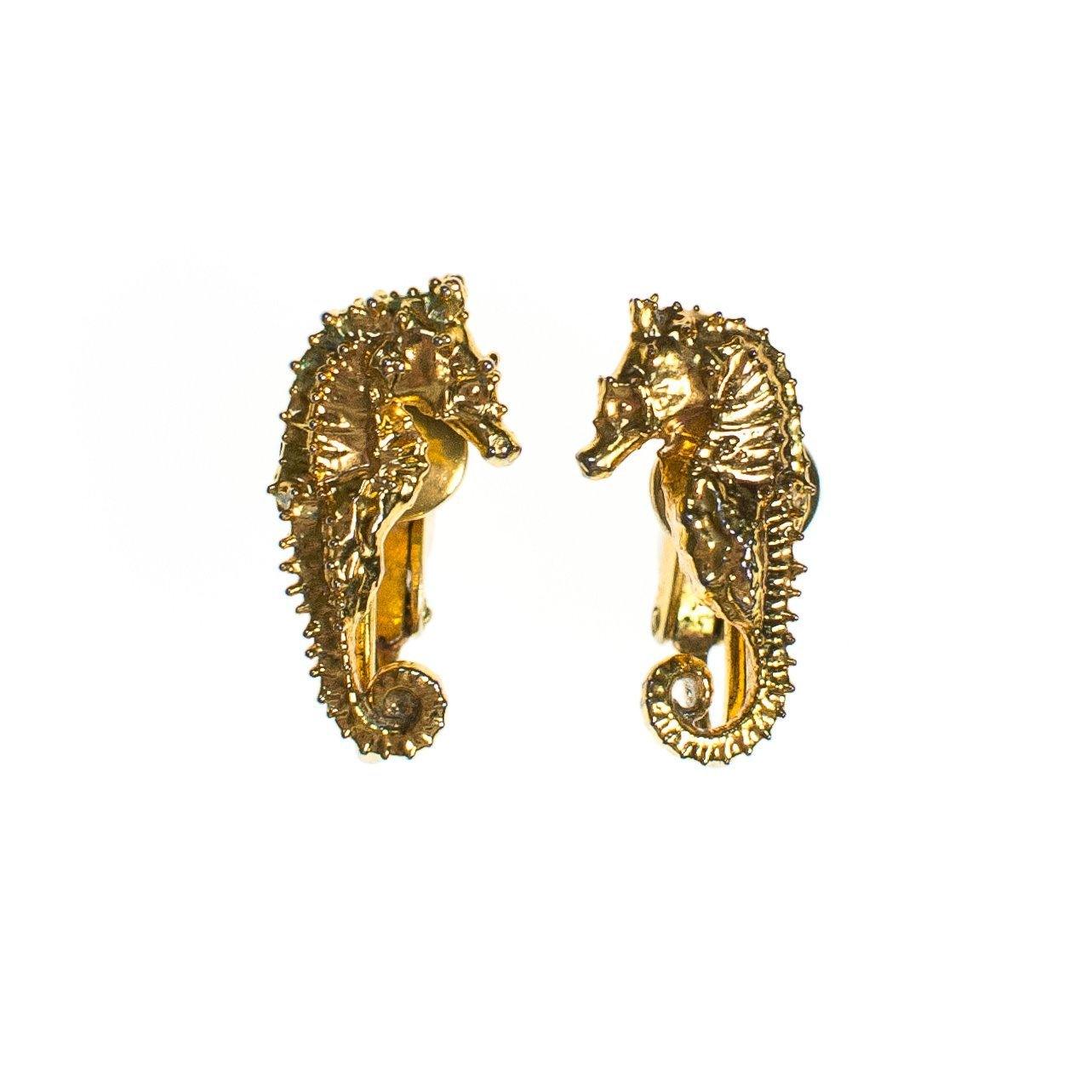 Vintage Gold Seahorse Earrings, Clip On by 1980s - Vintage Meet Modern Vintage Jewelry - Chicago, Illinois - #oldhollywoodglamour #vintagemeetmodern #designervintage #jewelrybox #antiquejewelry #vintagejewelry