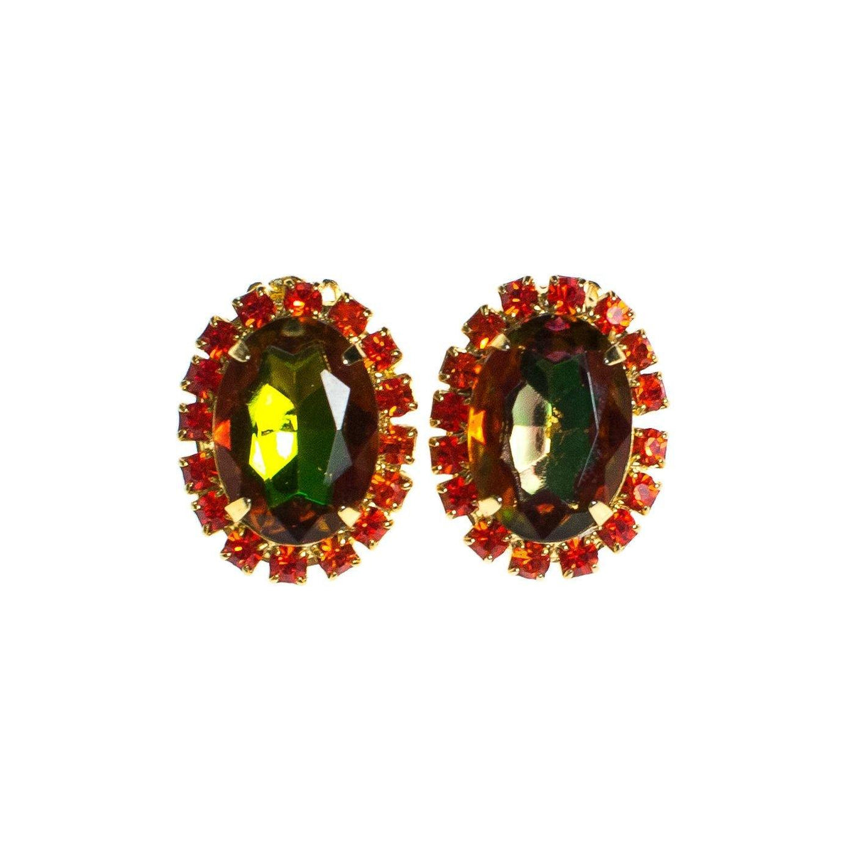 Vintage Juliana Green Heliotrope and Orange Rhinestone Clip Earrings