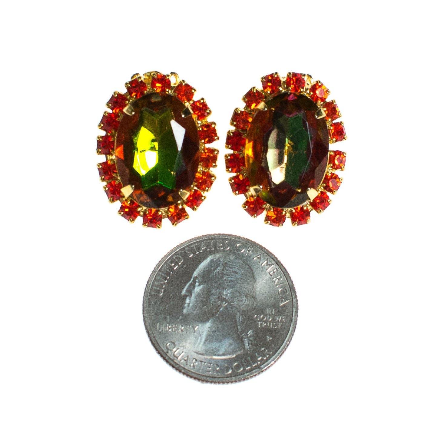 Vintage Juliana Green Heliotrope and Orange Rhinestone Clip Earrings by Juliana - Vintage Meet Modern Vintage Jewelry - Chicago, Illinois - #oldhollywoodglamour #vintagemeetmodern #designervintage #jewelrybox #antiquejewelry #vintagejewelry
