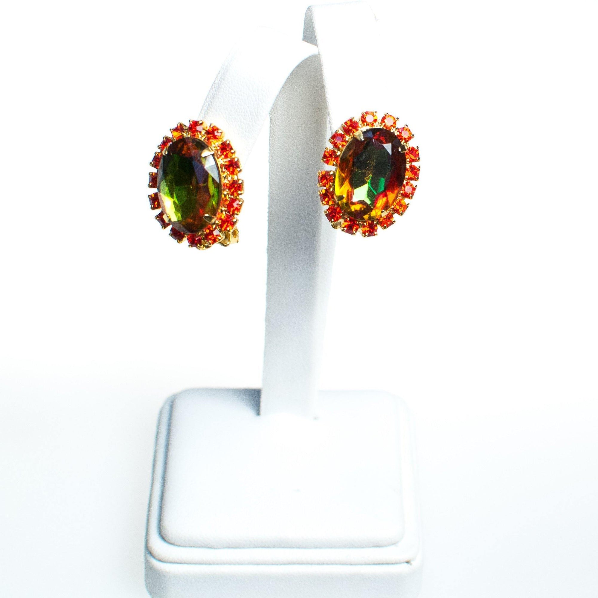 Vintage Juliana Green Heliotrope and Orange Rhinestone Clip Earrings by Juliana - Vintage Meet Modern Vintage Jewelry - Chicago, Illinois - #oldhollywoodglamour #vintagemeetmodern #designervintage #jewelrybox #antiquejewelry #vintagejewelry