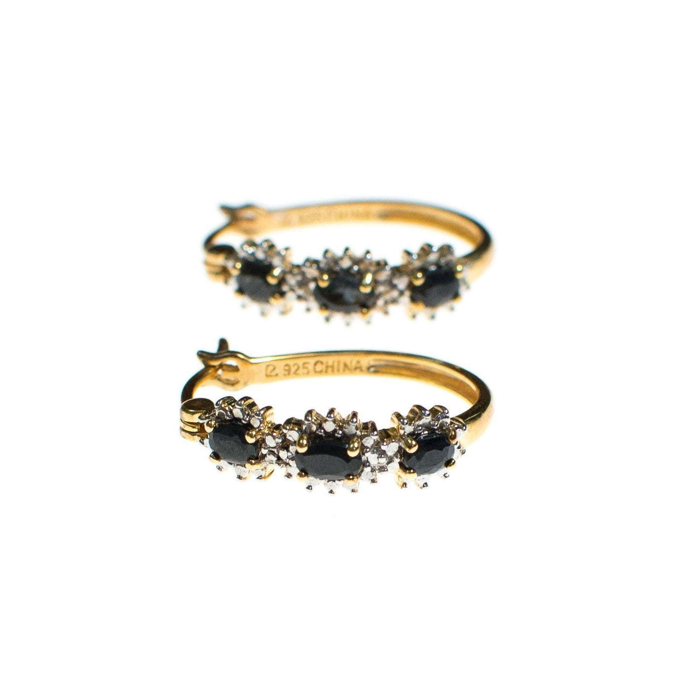 Vintage Sapphire and Diamond 18kt Gold Over Sterling Silver Hoop Earrings, Pierced