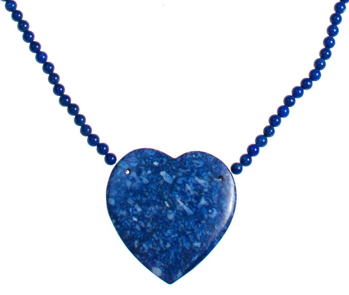 Vintage Karla Jordan Blue Speckled Sodalite Heart Pendant Beaded Necklace