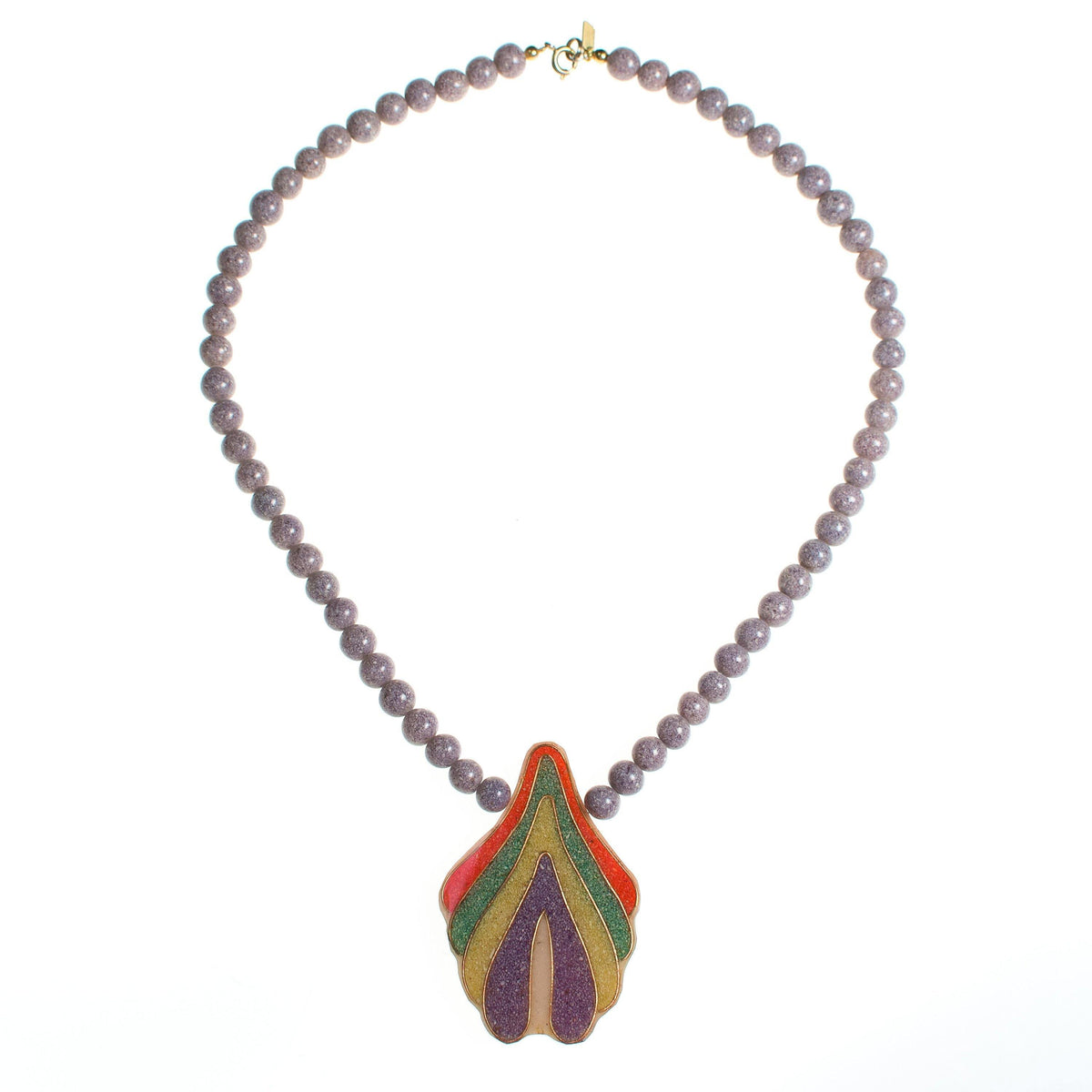 Vintage Karla Jordan Colorful Yellow, Orange, Lavender, Orange, Green Crushed Gemstone Inlay Pendant Necklace