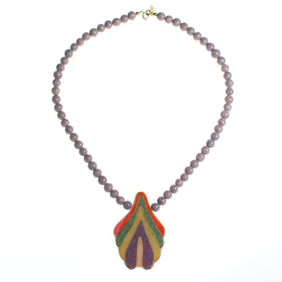 Vintage Karla Jordan Colorful Yellow, Orange, Lavender, Orange, Green Crushed Gemstone Inlay Pendant Necklace by Karla Jordan - Vintage Meet Modern Vintage Jewelry - Chicago, Illinois - #oldhollywoodglamour #vintagemeetmodern #designervintage #jewelrybox #antiquejewelry #vintagejewelry