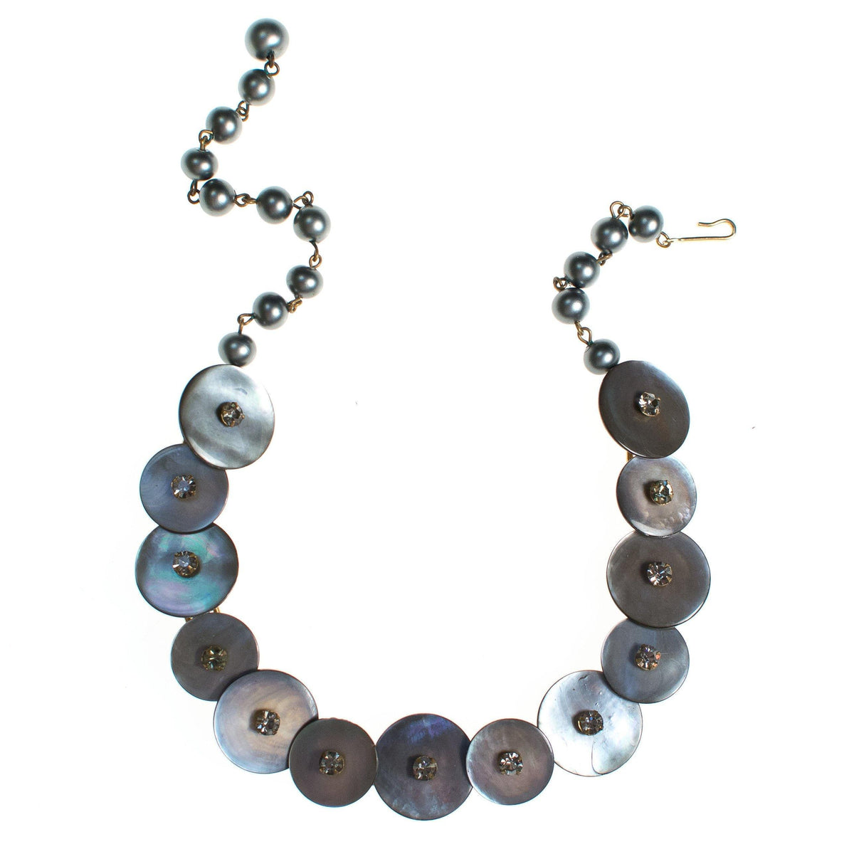 Vintage Gray Mother Of Pearl Button Necklace with Rhinestones