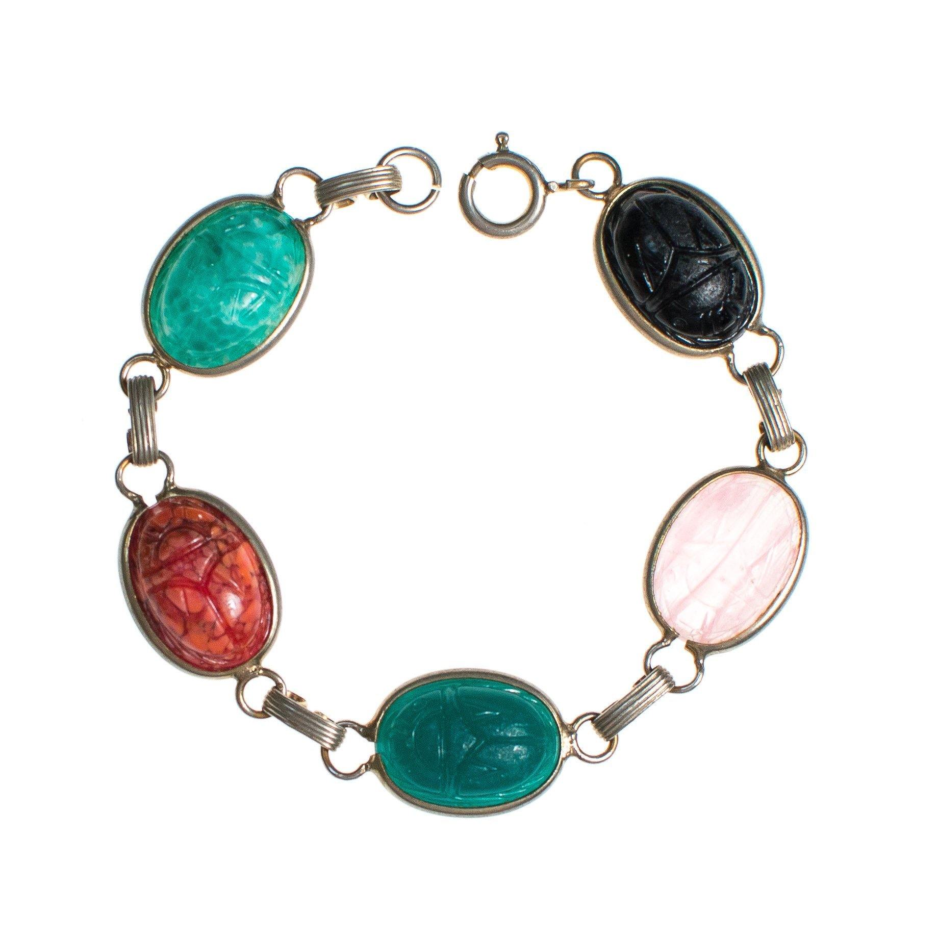 Vintage Semi Precious Gemstone Scarab Bracelet Quartz, Onyx, Jade, Rose Quartz by 1960s - Vintage Meet Modern Vintage Jewelry - Chicago, Illinois - #oldhollywoodglamour #vintagemeetmodern #designervintage #jewelrybox #antiquejewelry #vintagejewelry