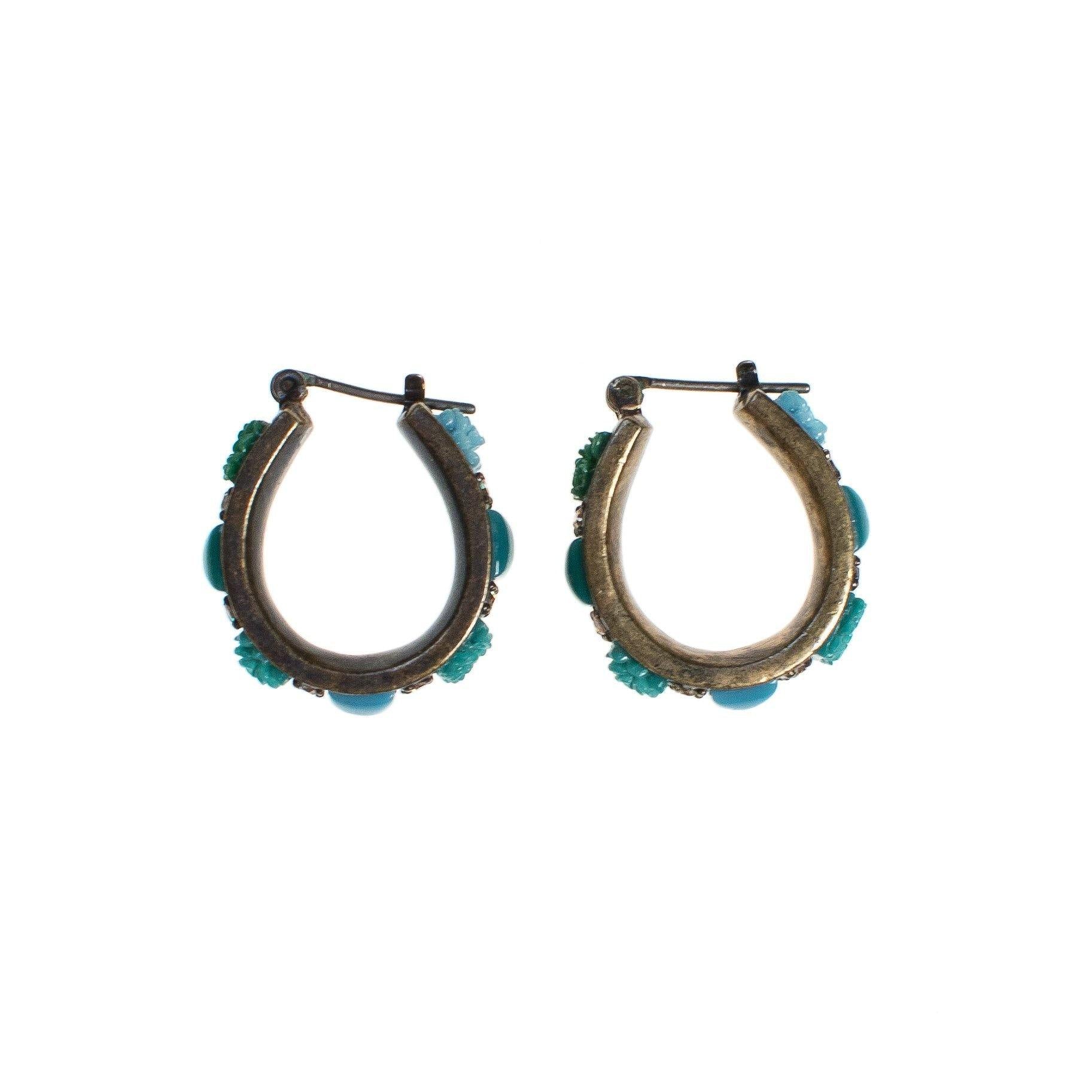Vintage Turquoise Lucite Flower and Rhinestone Hoop Earrings by LE - Vintage Meet Modern Vintage Jewelry - Chicago, Illinois - #oldhollywoodglamour #vintagemeetmodern #designervintage #jewelrybox #antiquejewelry #vintagejewelry