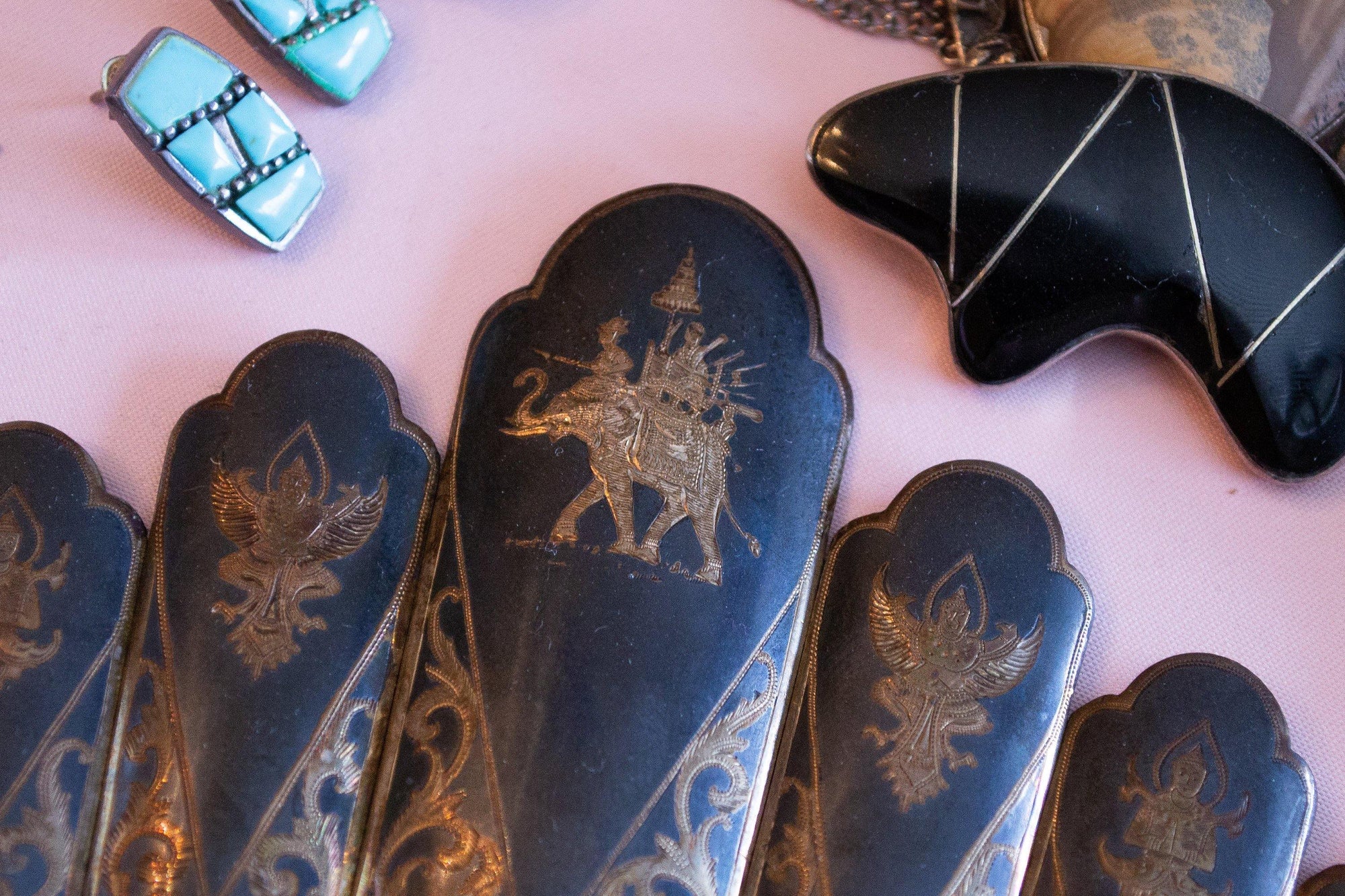 Vintage Thai Nakon Silver Bracelet Scalloped Panel Bracelet with Elephants and Thai Dancers by Thailand - Vintage Meet Modern Vintage Jewelry - Chicago, Illinois - #oldhollywoodglamour #vintagemeetmodern #designervintage #jewelrybox #antiquejewelry #vintagejewelry