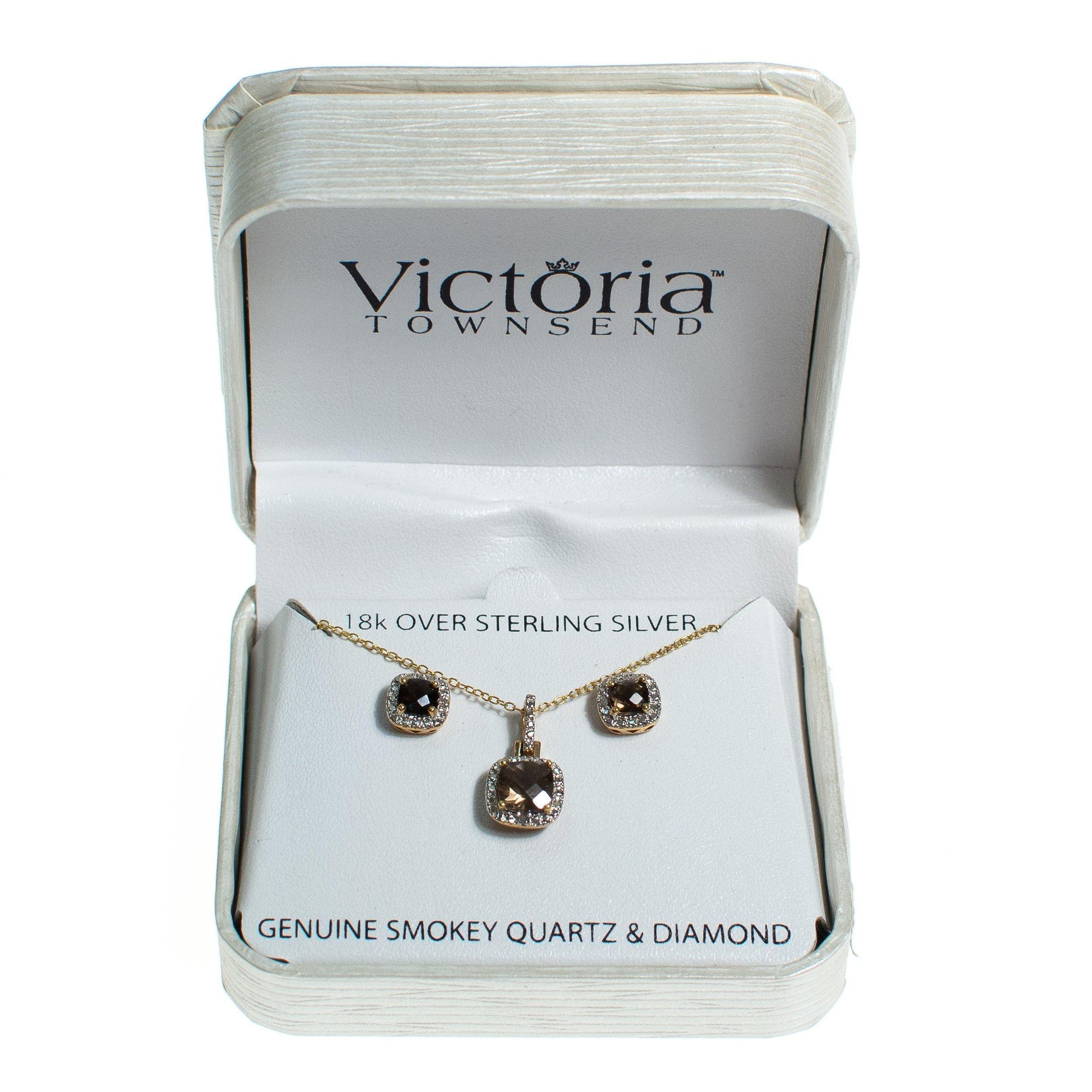 Vintage Victoria Townsend Necklace and Earring Set, Smokey Quartz, Diamonds, 18k Over Sterling Silver Setting by Victoria Townsend - Vintage Meet Modern Vintage Jewelry - Chicago, Illinois - #oldhollywoodglamour #vintagemeetmodern #designervintage #jewelrybox #antiquejewelry #vintagejewelry