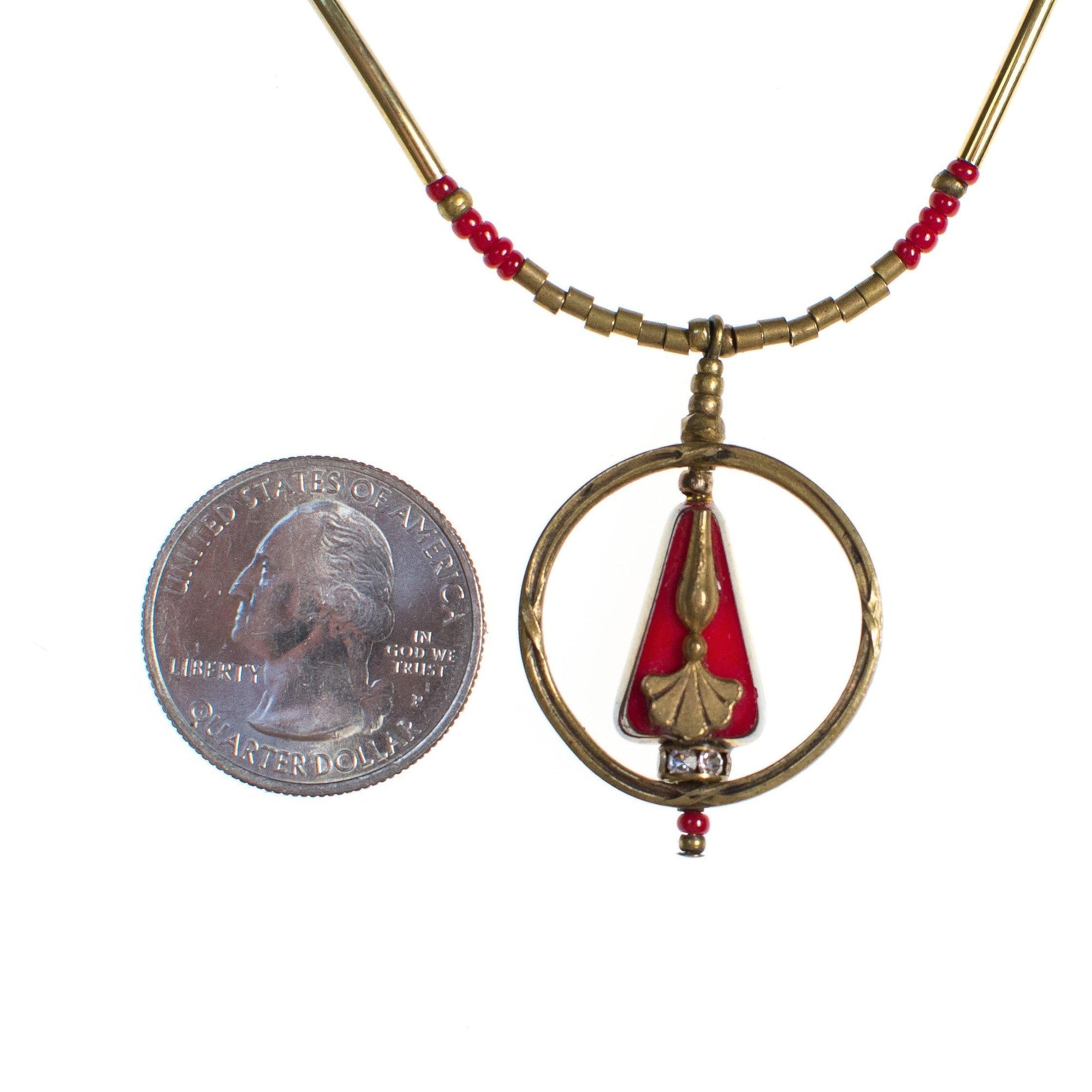 Vintage Art Nouveau Red Glass and Brass Tube Bead Necklace with Gingko Leaf Design by Art Nouveau - Vintage Meet Modern Vintage Jewelry - Chicago, Illinois - #oldhollywoodglamour #vintagemeetmodern #designervintage #jewelrybox #antiquejewelry #vintagejewelry