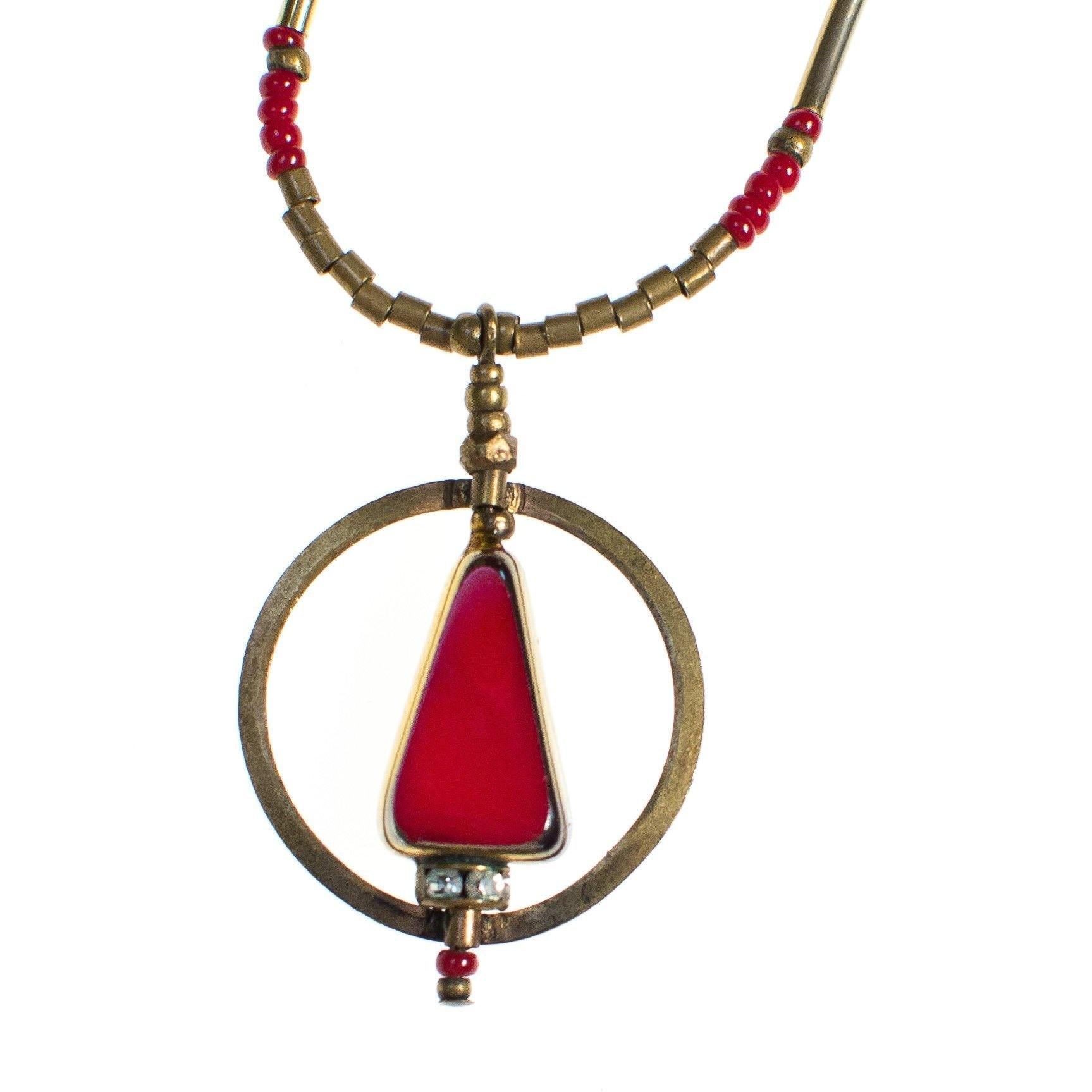 Vintage Art Nouveau Red Glass and Brass Tube Bead Necklace with Gingko Leaf Design by Art Nouveau - Vintage Meet Modern Vintage Jewelry - Chicago, Illinois - #oldhollywoodglamour #vintagemeetmodern #designervintage #jewelrybox #antiquejewelry #vintagejewelry