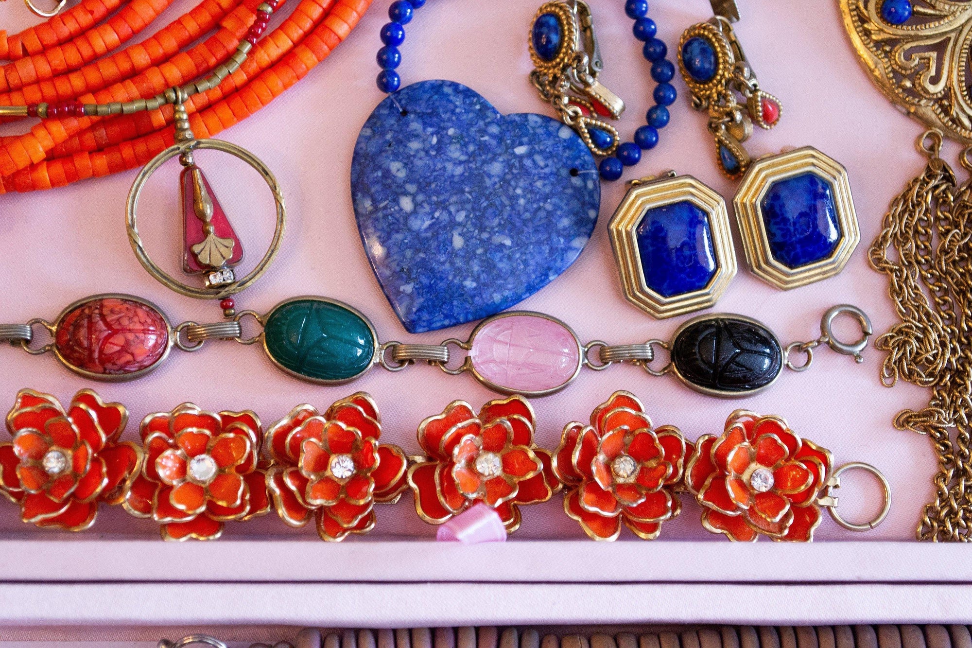 Vintage Art Nouveau Red Glass and Brass Tube Bead Necklace with Gingko Leaf Design by Art Nouveau - Vintage Meet Modern Vintage Jewelry - Chicago, Illinois - #oldhollywoodglamour #vintagemeetmodern #designervintage #jewelrybox #antiquejewelry #vintagejewelry