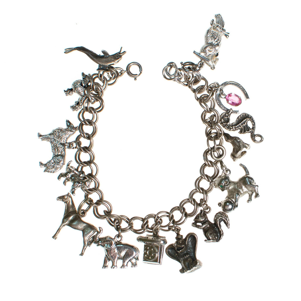 Vintage Silver Tone Charm Chunky Animal Charm Bracelet
