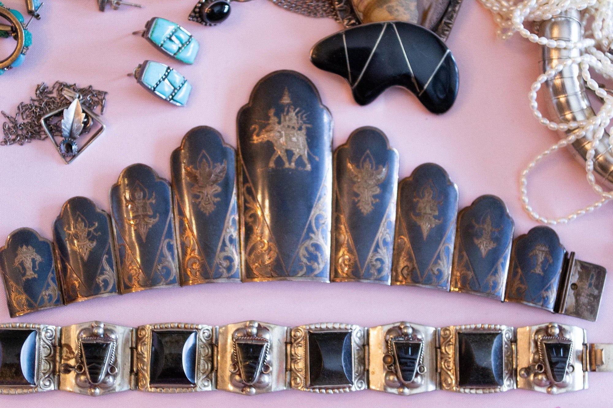 Vintage Made in Mexico Brown Agate Carved Faces Panel Alpaca Bracelet by Made in Mexico - Vintage Meet Modern Vintage Jewelry - Chicago, Illinois - #oldhollywoodglamour #vintagemeetmodern #designervintage #jewelrybox #antiquejewelry #vintagejewelry