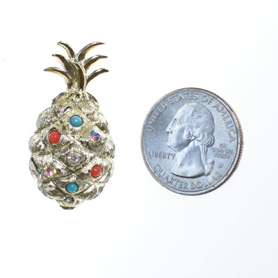 Vintage Mid Century Modern Gold Pineapple Brooch with Rhinestones and Coral and Turquoise Beads by 1960s - Vintage Meet Modern Vintage Jewelry - Chicago, Illinois - #oldhollywoodglamour #vintagemeetmodern #designervintage #jewelrybox #antiquejewelry #vintagejewelry