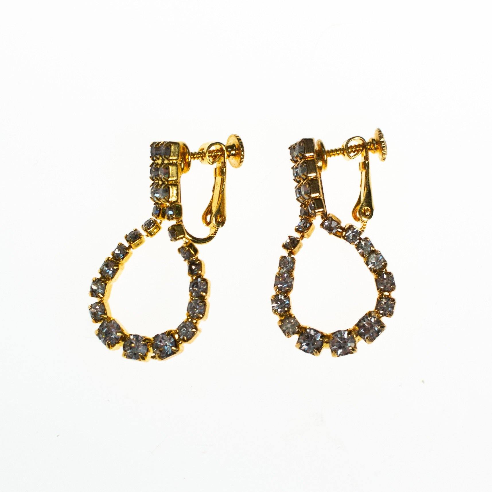 Vintage Hobe Earrings, Clear Crystal Rhinestones, Gold Tone Earrings, Dangle Loops, Clip with Screw Back by Hobe - Vintage Meet Modern Vintage Jewelry - Chicago, Illinois - #oldhollywoodglamour #vintagemeetmodern #designervintage #jewelrybox #antiquejewelry #vintagejewelry