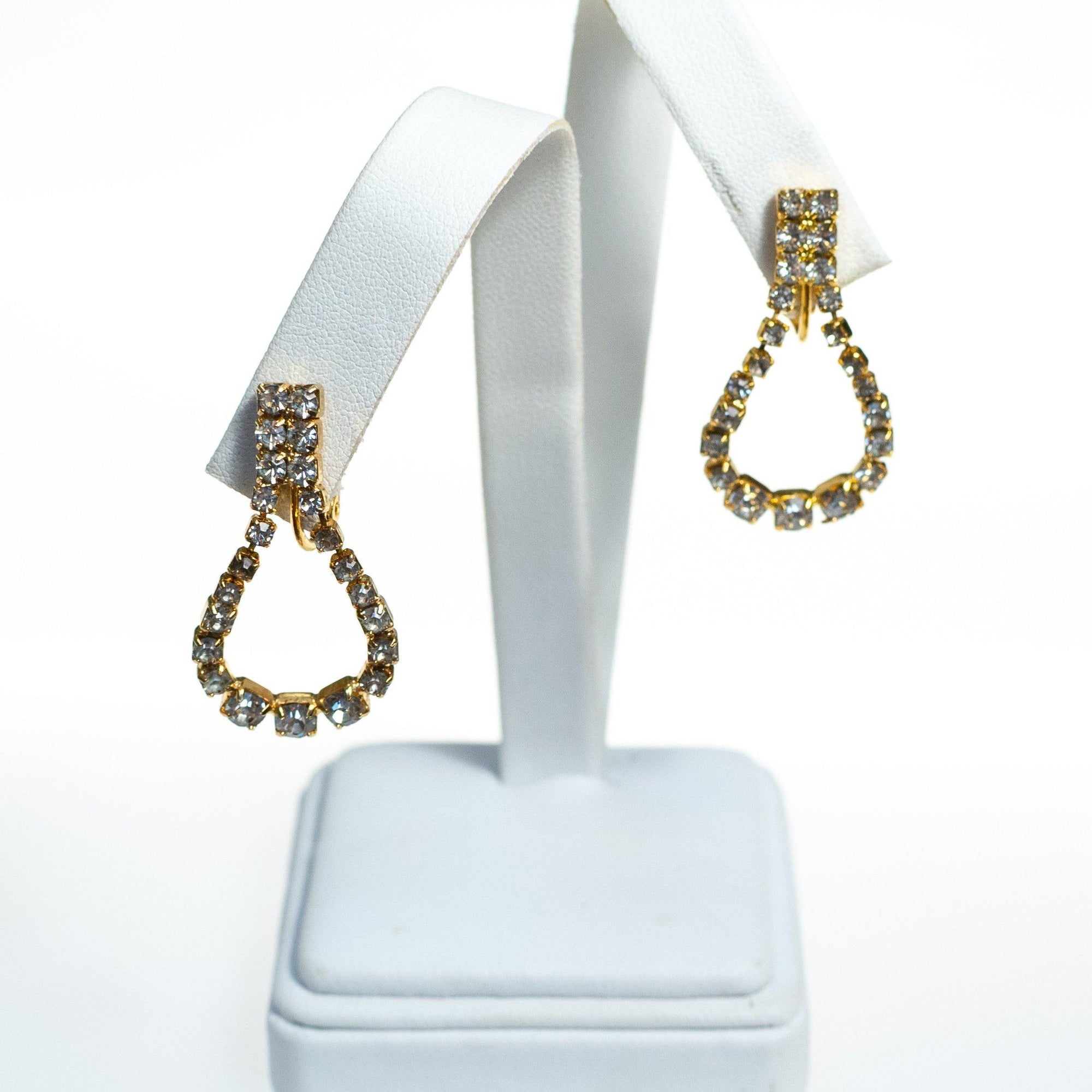 Vintage Hobe Earrings, Clear Crystal Rhinestones, Gold Tone Earrings, Dangle Loops, Clip with Screw Back by Hobe - Vintage Meet Modern Vintage Jewelry - Chicago, Illinois - #oldhollywoodglamour #vintagemeetmodern #designervintage #jewelrybox #antiquejewelry #vintagejewelry