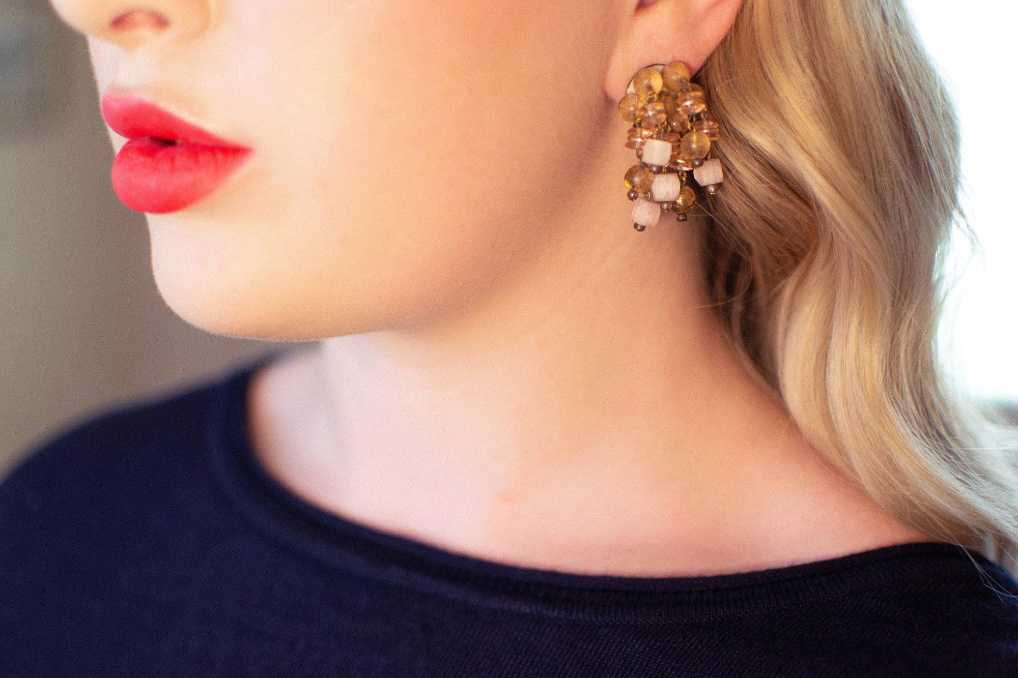 Vintage Blush Pink and Smoke Crystal Cha Cha Beaded Earrings, Clip On by 1950s - Vintage Meet Modern Vintage Jewelry - Chicago, Illinois - #oldhollywoodglamour #vintagemeetmodern #designervintage #jewelrybox #antiquejewelry #vintagejewelry