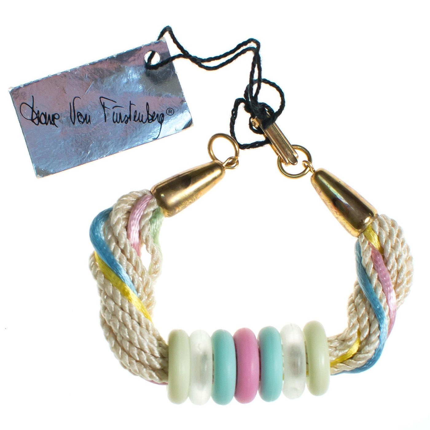 Vintage Diane Von Furstenberg Silk Cord Bracelet with Pastel Color Beads