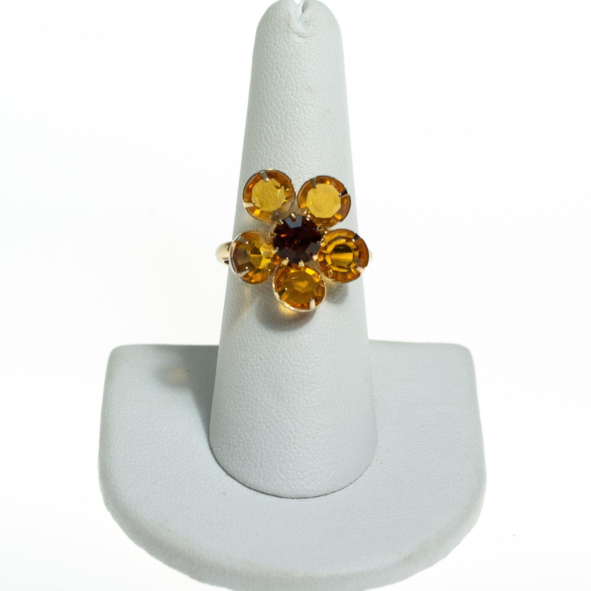 Vintage Gold Crystal Daisy Ring, Statement Ring, Adjustable, Black Eyed Susan by 1960s - Vintage Meet Modern Vintage Jewelry - Chicago, Illinois - #oldhollywoodglamour #vintagemeetmodern #designervintage #jewelrybox #antiquejewelry #vintagejewelry