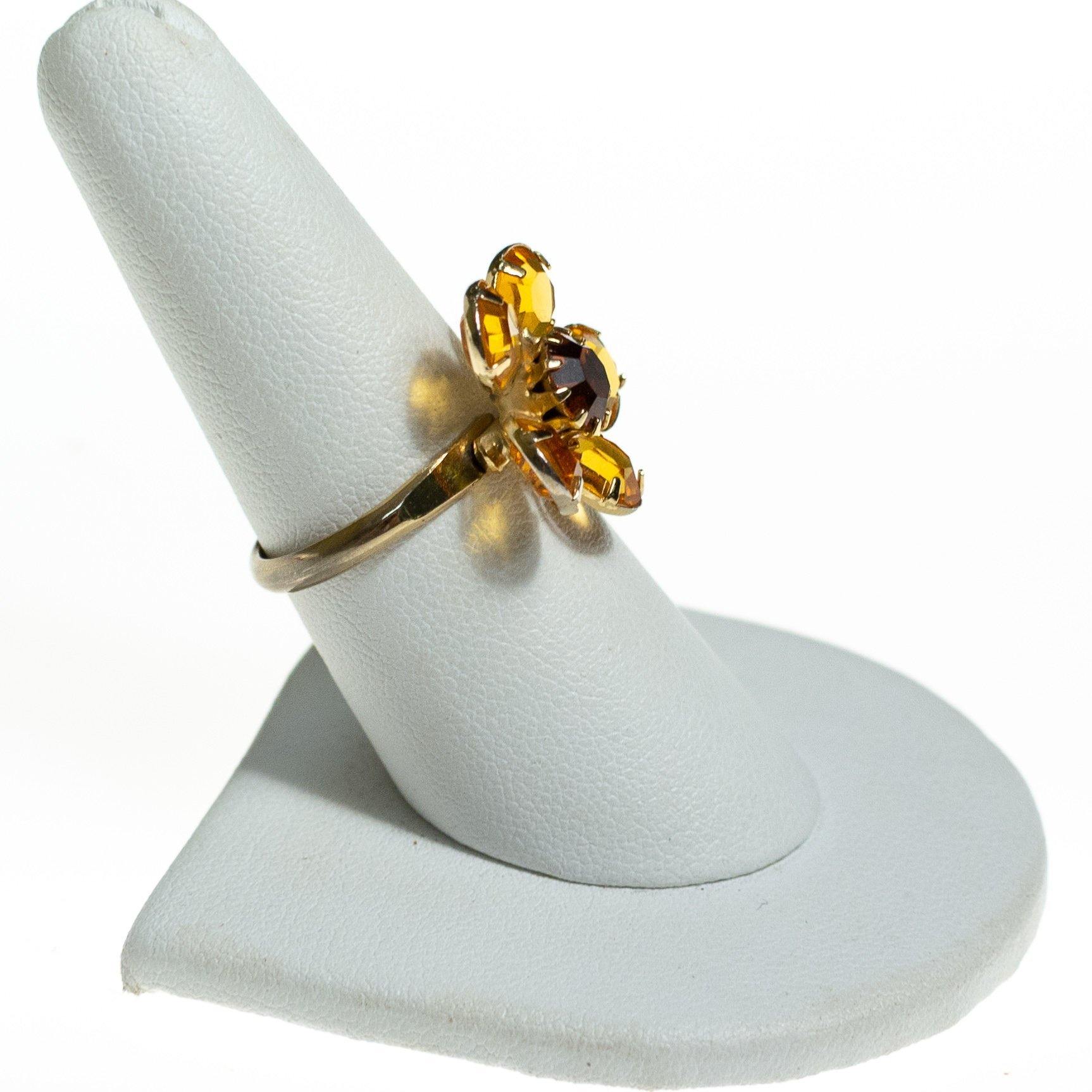 Vintage Gold Crystal Daisy Ring, Statement Ring, Adjustable, Black Eyed Susan by 1960s - Vintage Meet Modern Vintage Jewelry - Chicago, Illinois - #oldhollywoodglamour #vintagemeetmodern #designervintage #jewelrybox #antiquejewelry #vintagejewelry