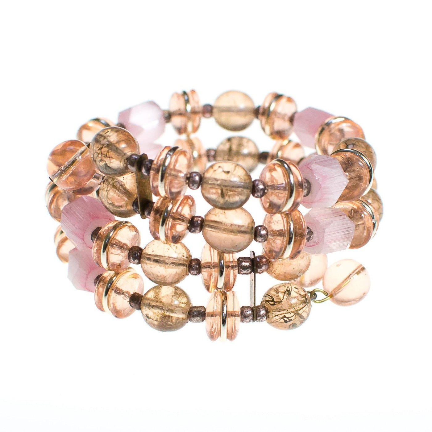 Vintage West Germany Pink and Smoke Glass Bead Memory Wire Coiled Bracelet