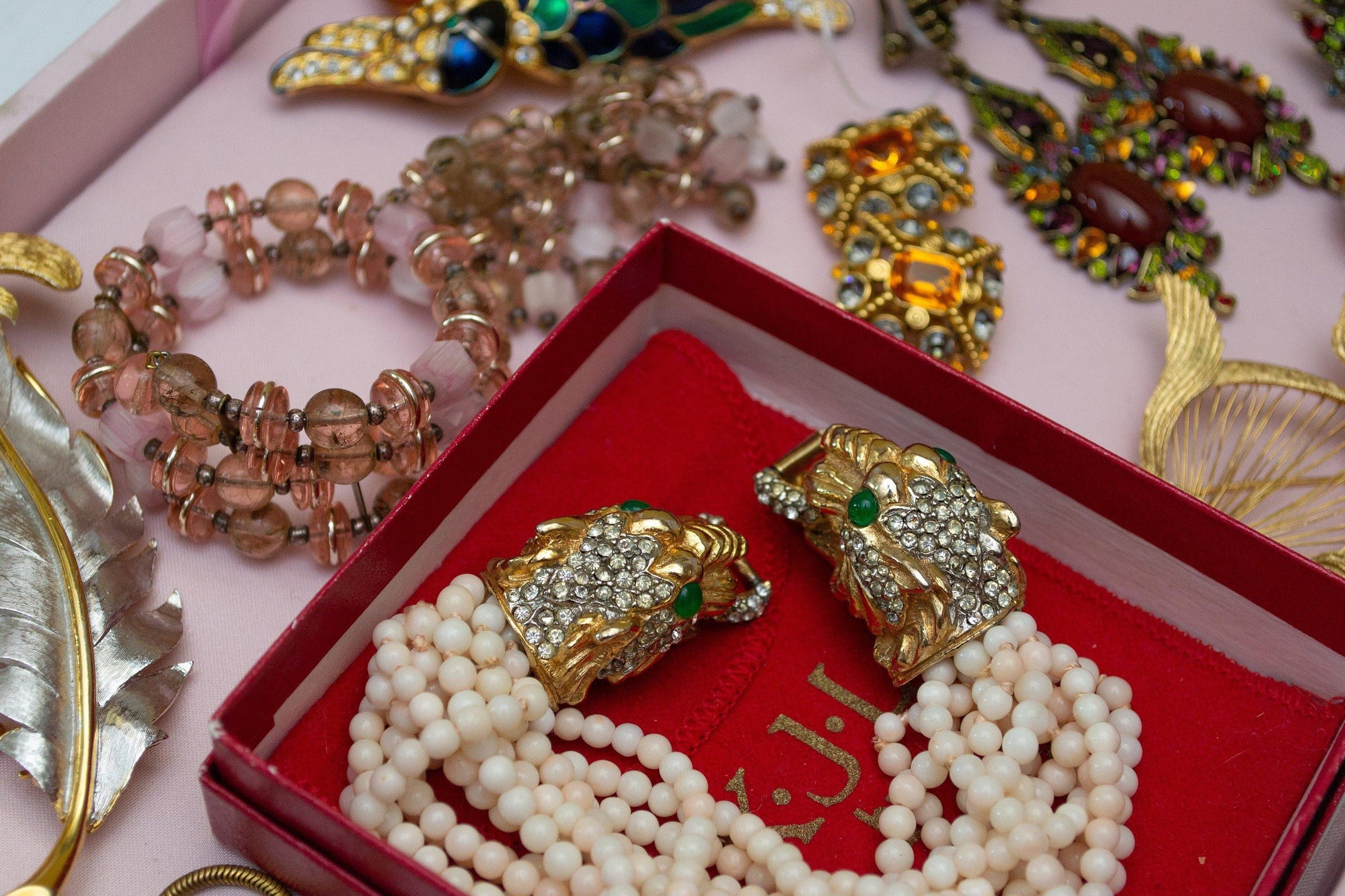 Vintage West Germany Pink and Smoke Glass Bead Memory Wire Coiled Bracelet by 1950s - Vintage Meet Modern Vintage Jewelry - Chicago, Illinois - #oldhollywoodglamour #vintagemeetmodern #designervintage #jewelrybox #antiquejewelry #vintagejewelry