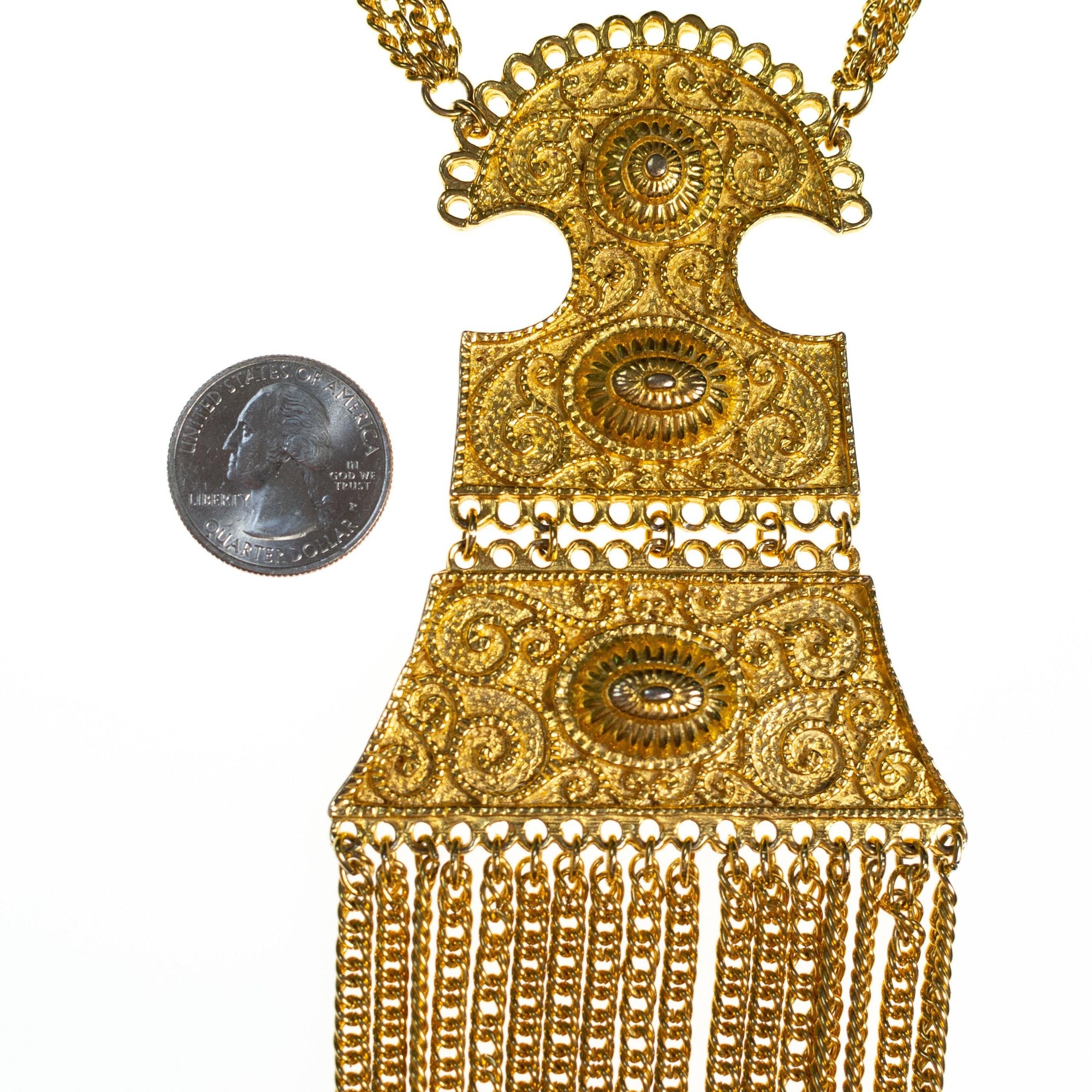 Vintage Etruscan Statement Necklace with Waterfall Chain by 1960s - Vintage Meet Modern Vintage Jewelry - Chicago, Illinois - #oldhollywoodglamour #vintagemeetmodern #designervintage #jewelrybox #antiquejewelry #vintagejewelry