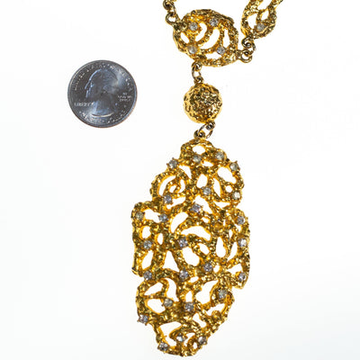Vintage Polcini Gold Brutalist Modern Long Statement Necklace with Rhinestones by 1960s - Vintage Meet Modern Vintage Jewelry - Chicago, Illinois - #oldhollywoodglamour #vintagemeetmodern #designervintage #jewelrybox #antiquejewelry #vintagejewelry