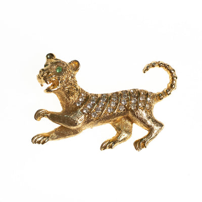 Gold Tone Vintage Tiger Brooch, Clear Diamante Rhinestones, Green Rhinestones Eyes, Gold Pin, Figural by 1960s - Vintage Meet Modern Vintage Jewelry - Chicago, Illinois - #oldhollywoodglamour #vintagemeetmodern #designervintage #jewelrybox #antiquejewelry #vintagejewelry