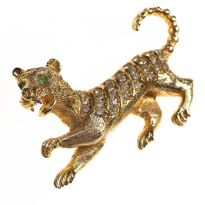 Gold Tone Vintage Tiger Brooch, Clear Diamante Rhinestones, Green Rhinestones Eyes, Gold Pin, Figural by 1960s - Vintage Meet Modern Vintage Jewelry - Chicago, Illinois - #oldhollywoodglamour #vintagemeetmodern #designervintage #jewelrybox #antiquejewelry #vintagejewelry