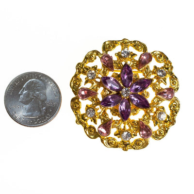 Vintage Gold Medallion Brooch with Pink and Purple Rhinestones by 1980s - Vintage Meet Modern Vintage Jewelry - Chicago, Illinois - #oldhollywoodglamour #vintagemeetmodern #designervintage #jewelrybox #antiquejewelry #vintagejewelry