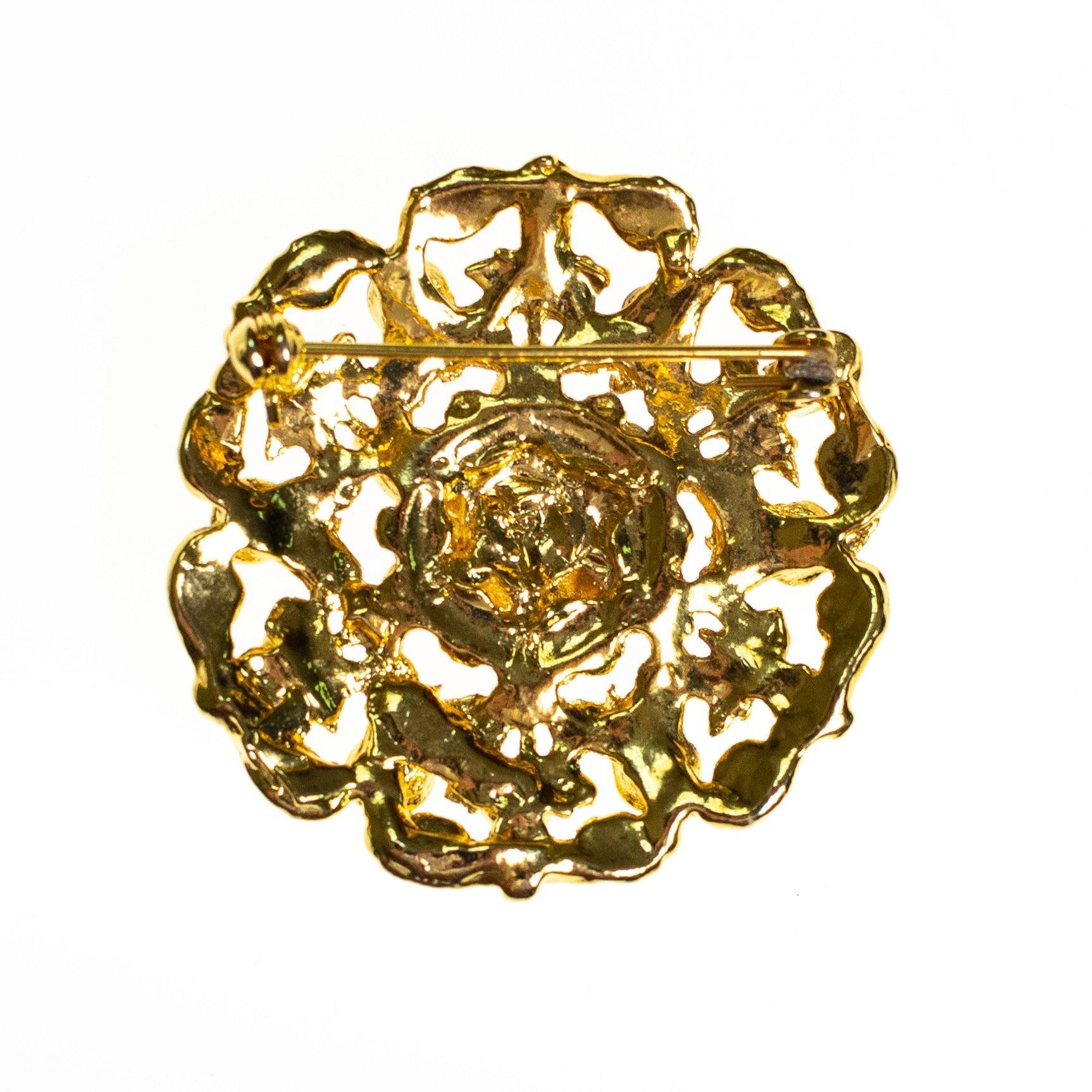 Vintage Gold Medallion Brooch with Pink and Purple Rhinestones by 1980s - Vintage Meet Modern Vintage Jewelry - Chicago, Illinois - #oldhollywoodglamour #vintagemeetmodern #designervintage #jewelrybox #antiquejewelry #vintagejewelry