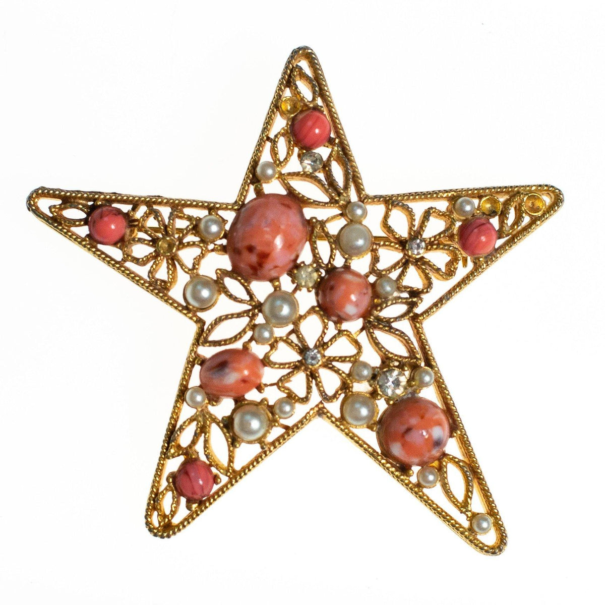 Vintage Gold Tone Star Brooch, Coral Pink Speckled Cabochons, Faux Pearls, Clear Rhinestones, Brooches and Pins